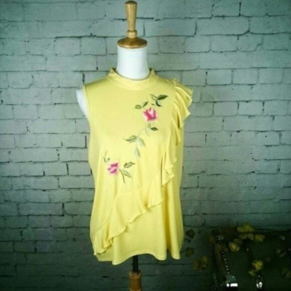 Premise Floral Embroidered Sleeveless Ruffled Top In Yellow Size Large - Picture 6 of 6